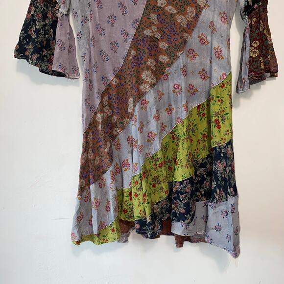 Young‎ Threads Small Patchwork Tunic Babydoll Dress V Neck Festival Boho Hippie - Picture 5 of 7